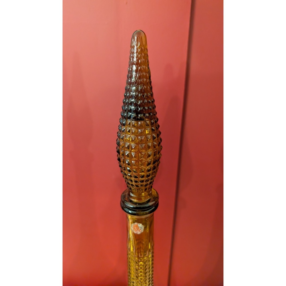 2 Vintage MCM Empoli Amber Diamond Point Glass Genie Bottle Decanter 22" Italy - Picture 3 of 16